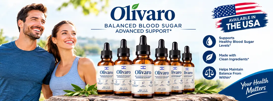Smiling couple outdoors next to a row of Olivaro blood sugar support bottles